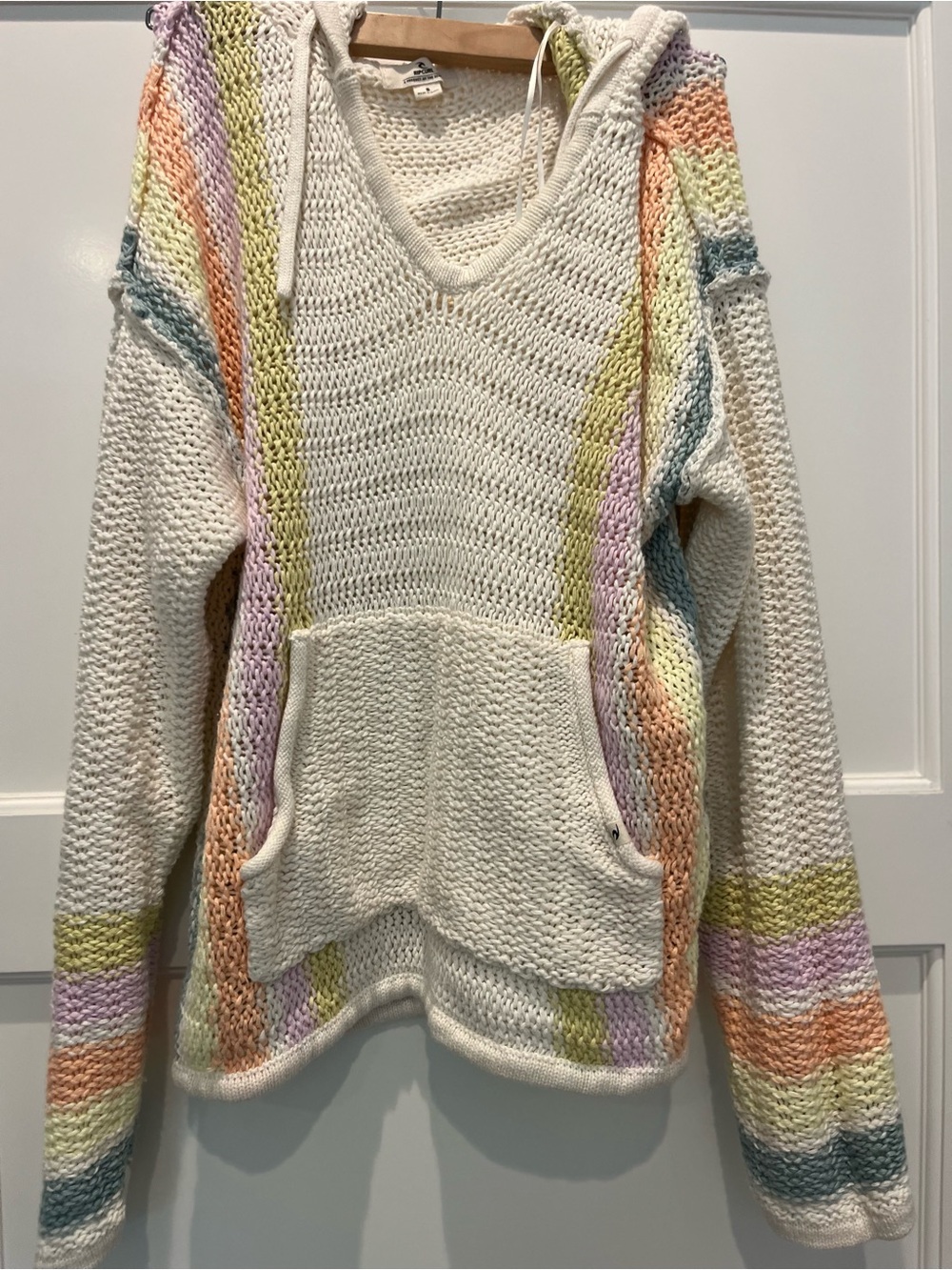 Rip Curl Cream Knit Hoodie Sweater with Pastel Stripe Accents